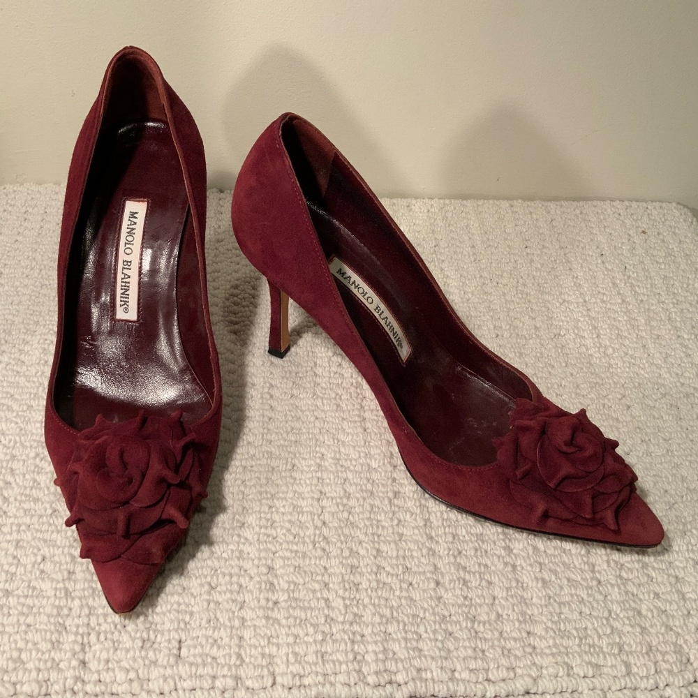 Manolo Blahnik Burgundy Suede Rosette Pump